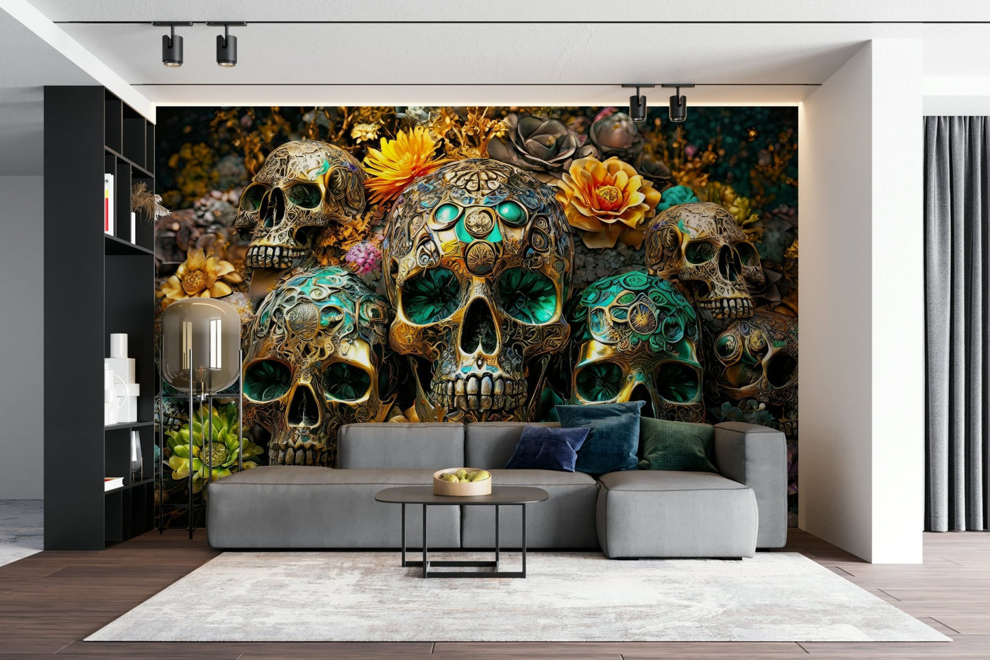 Dark and vibrant floral mural with intricate skull details

