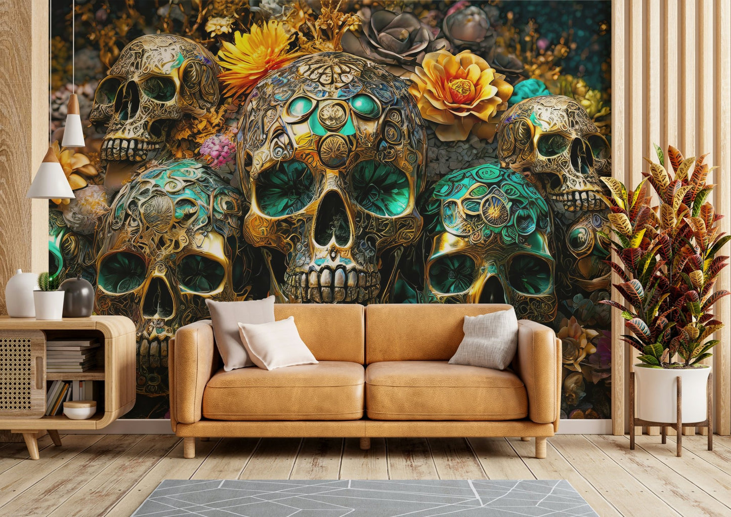 Golden Skulls & Floral Rhapsody Wall Mural featuring golden skulls

