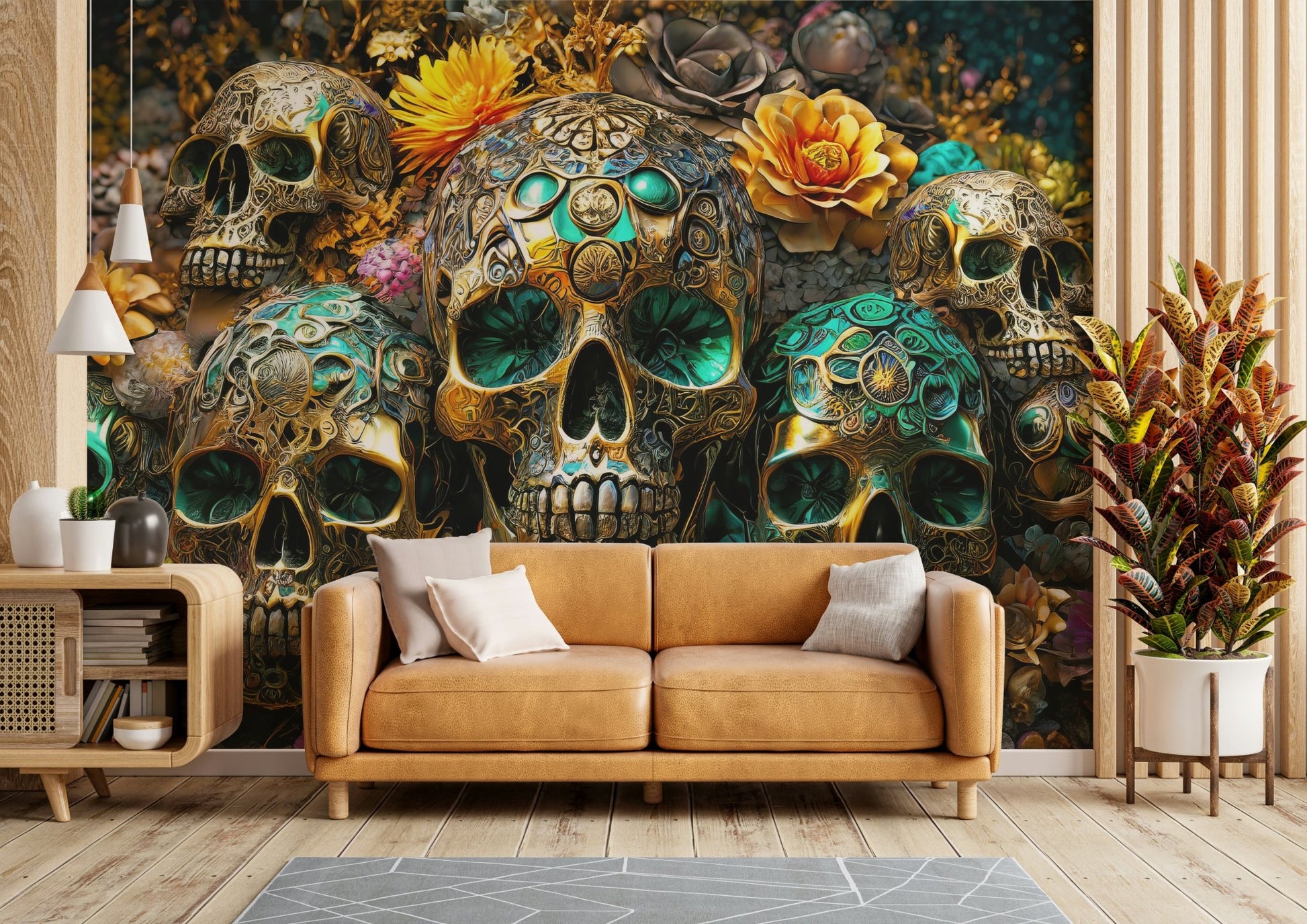 Golden Skulls & Floral Rhapsody Wall Mural featuring golden skulls

