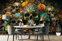 Vivid flowers and golden skulls creating a striking focal point

