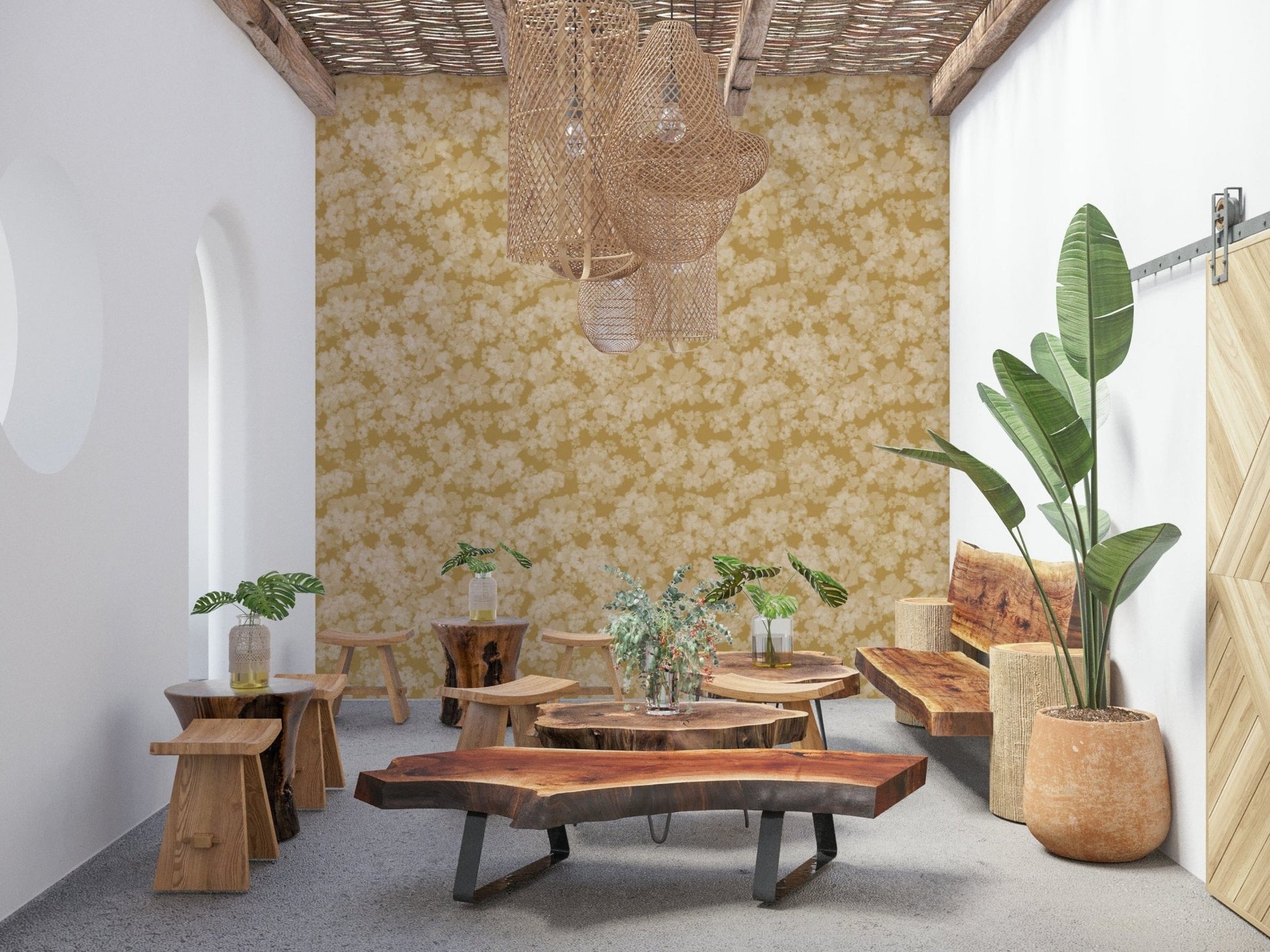 Luminous Golden soft blossom mural, a radiant texture for walls.