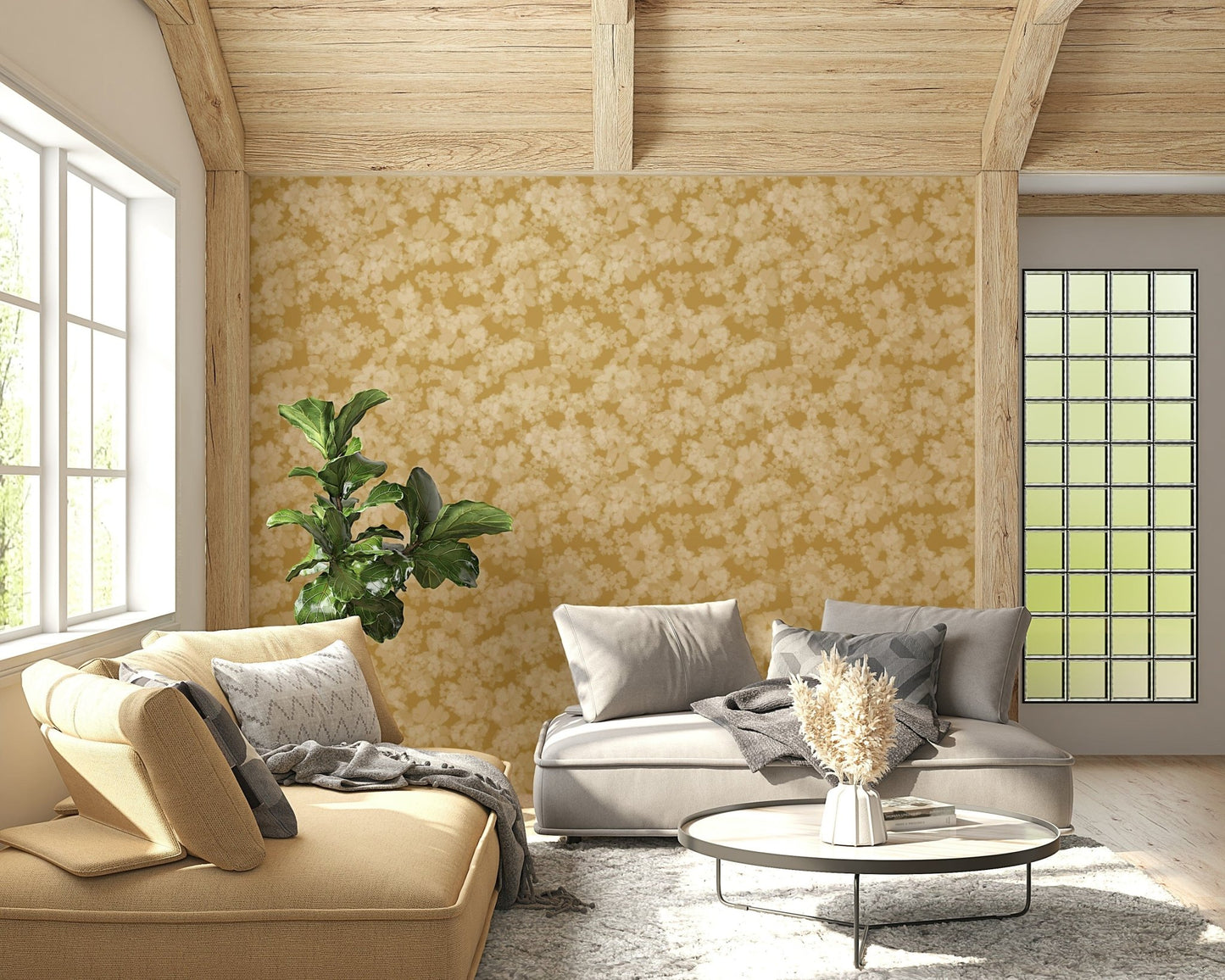 Shimmering blossoms mural, a cheerful Golden soft blossom wall feature.