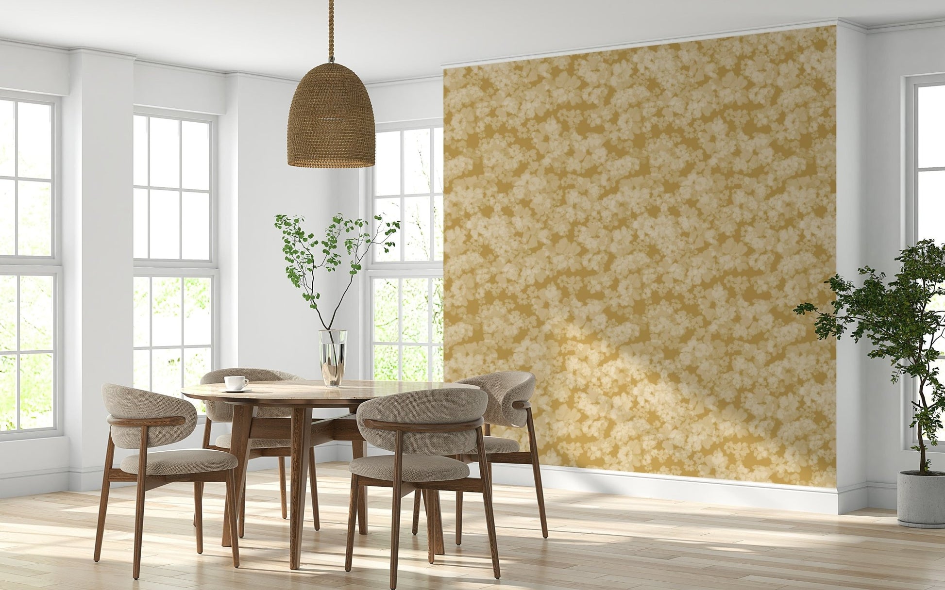 Opulent wall covering mural, highlighting pretty Golden soft blossom detail.