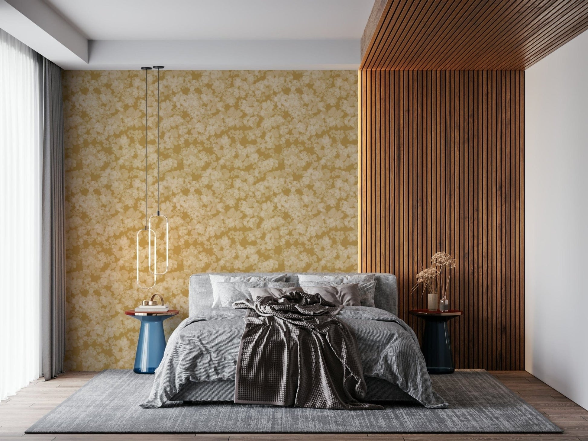 Warm saffron Golden soft blossom wallpaper for an invigorating interior.