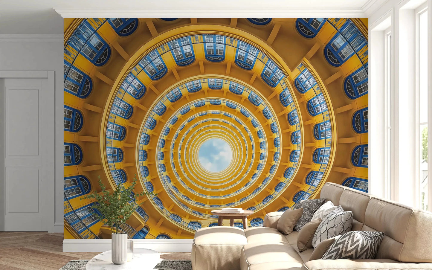 Warm yellow tones surround the Living room through a golden spiral perspective Wall mural GD9533