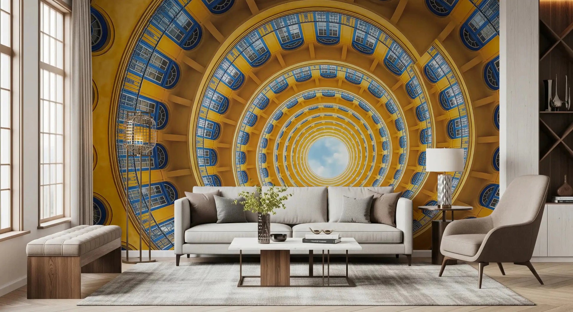 A circular sky scene takes over the Living room  through this spiral wall mural.GD9533