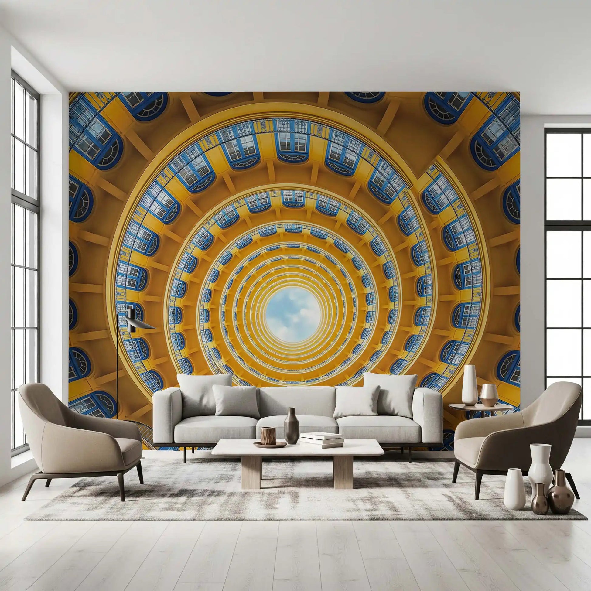 Stepping into the entryway, a spiral perspective wall mural pulls the eye skyward. GD9533