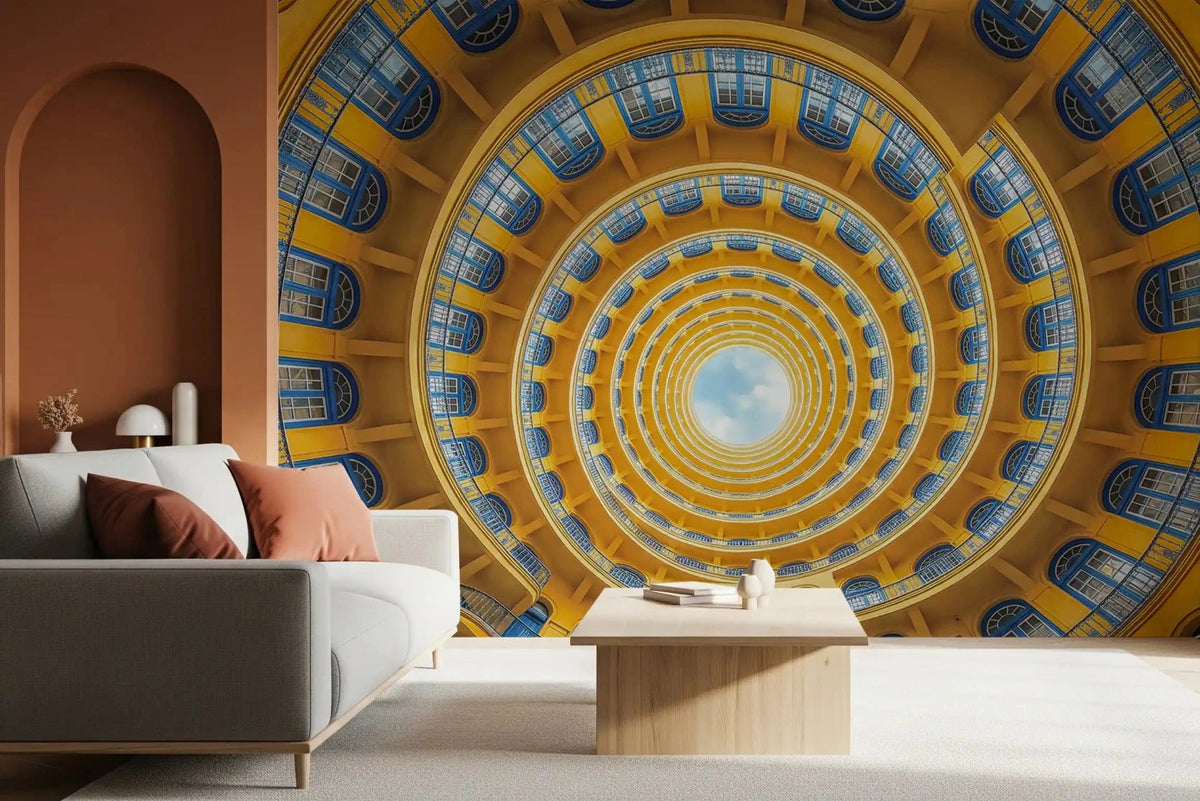 Golden spiral wall mural fills the living room with yellow and blue swirling motion. GD9533