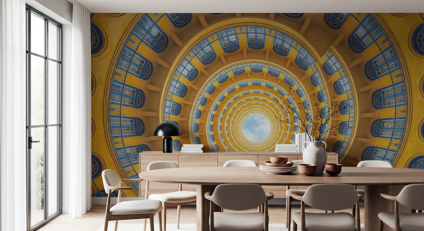 Concentric blue windows curve inward across this golden spiral wall mural surface.GD9533
