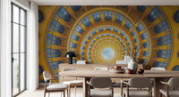 Concentric blue windows curve inward across this golden spiral wall mural surface.GD9533