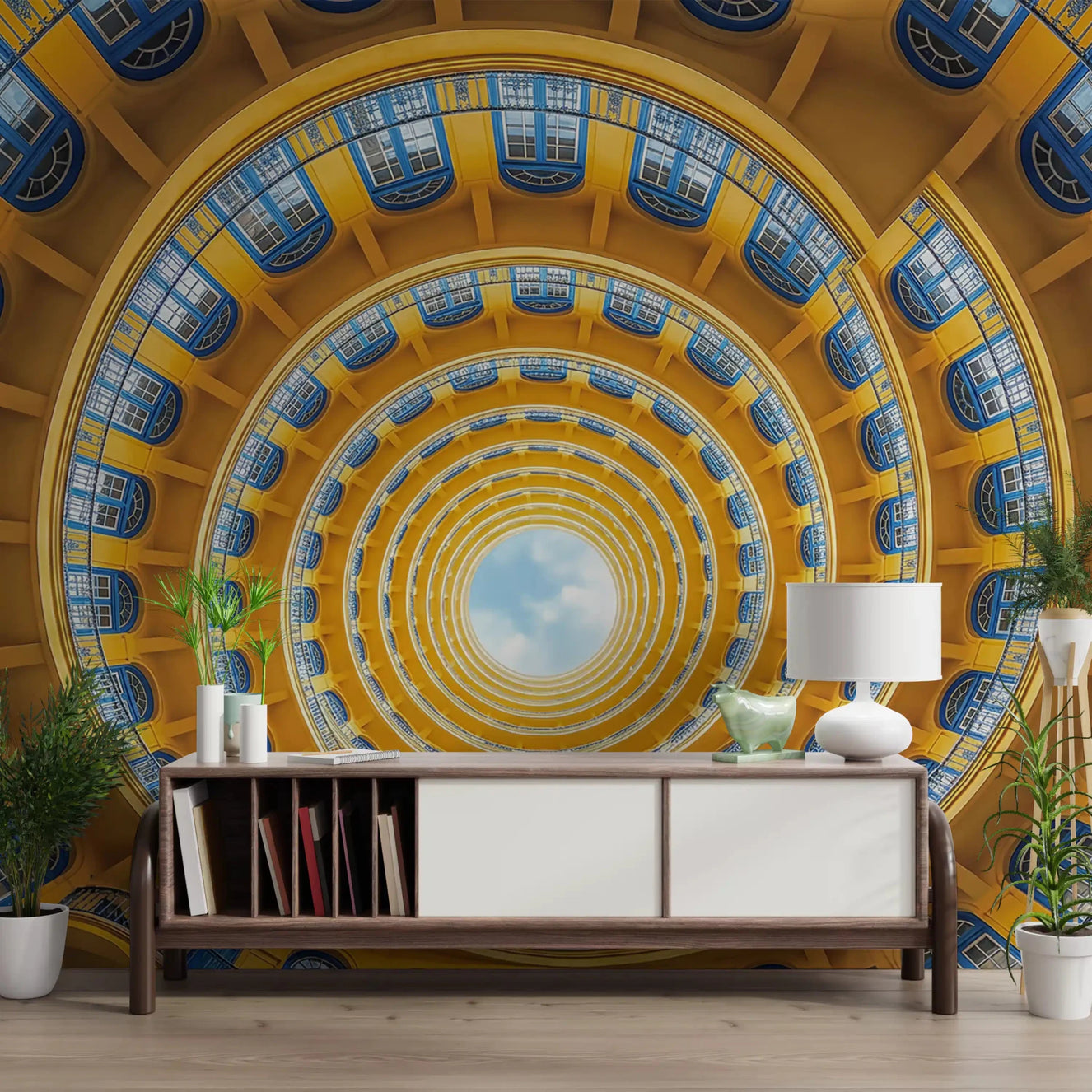Bold yellow perspective wall mural anchors the Living room with circular dome flow.
GD9533