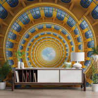 Bold yellow perspective wall mural anchors the Living room with circular dome flow.
GD9533