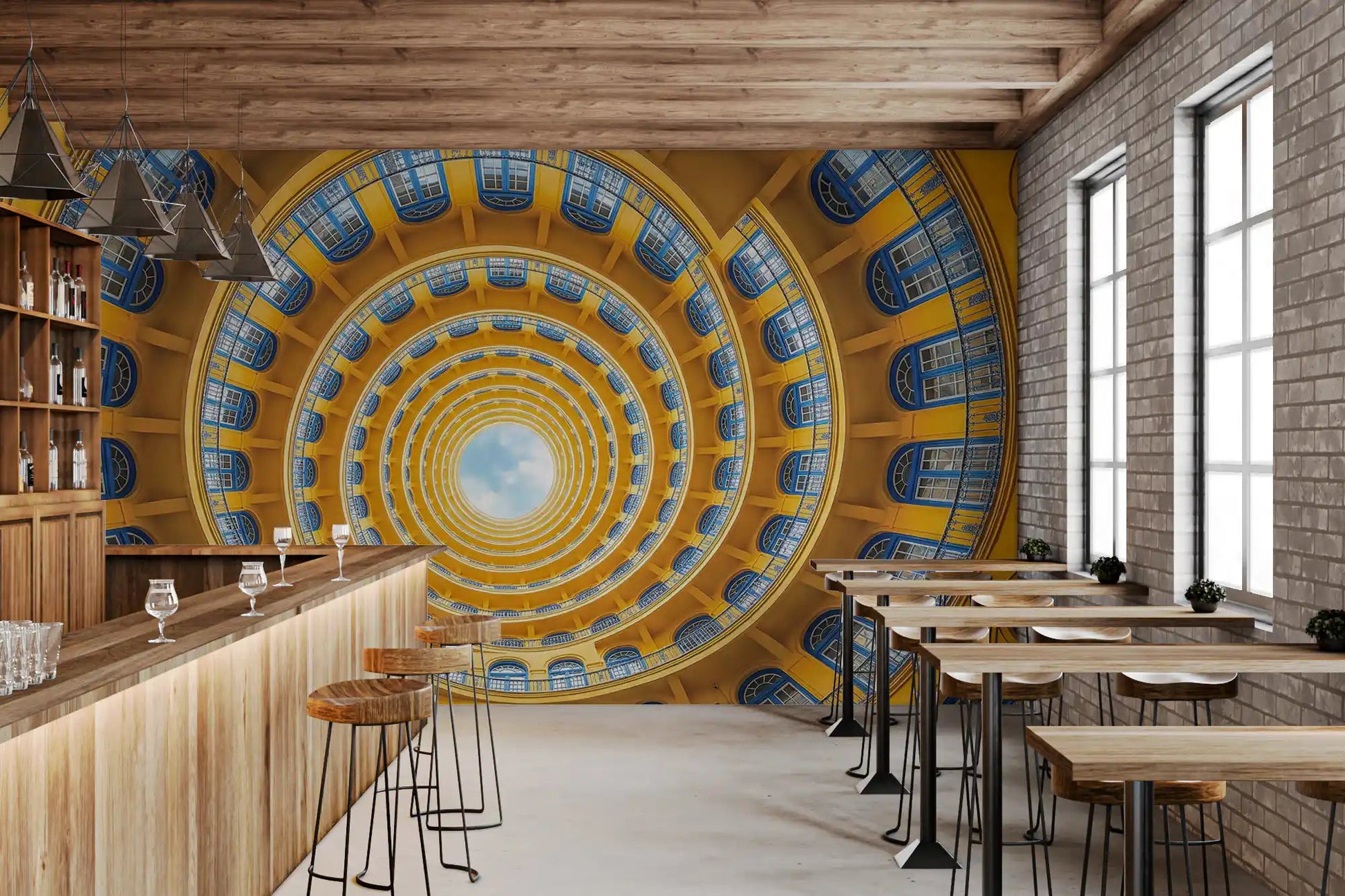 Café area golden spiral wall mural creates a sky-view ceiling effect.GD9533
