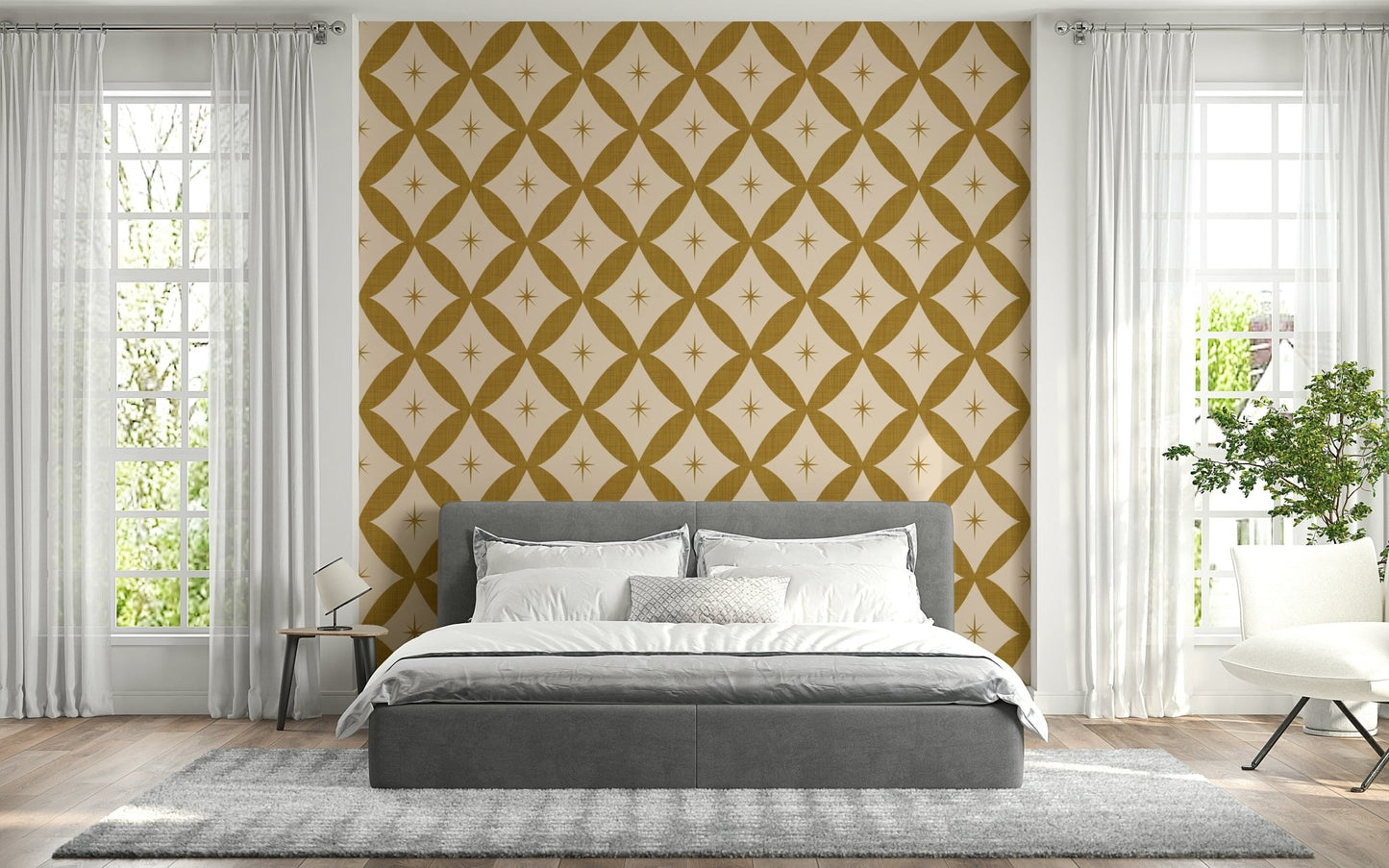 Piquant Golden Star Lattice Wallpaper, sharp starbursts and odd ovals.