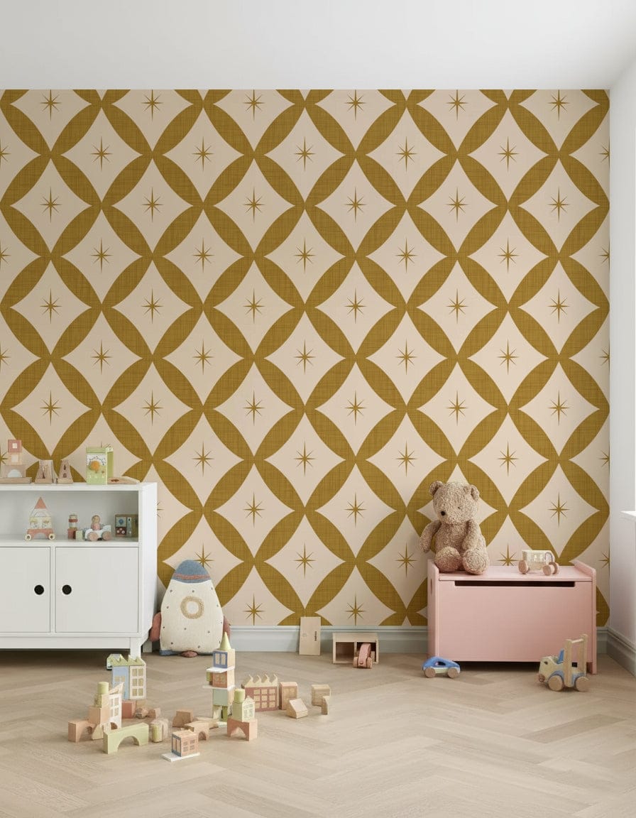 Fantastical Lattice Wallpaper with peculiar intersecting gold rings.