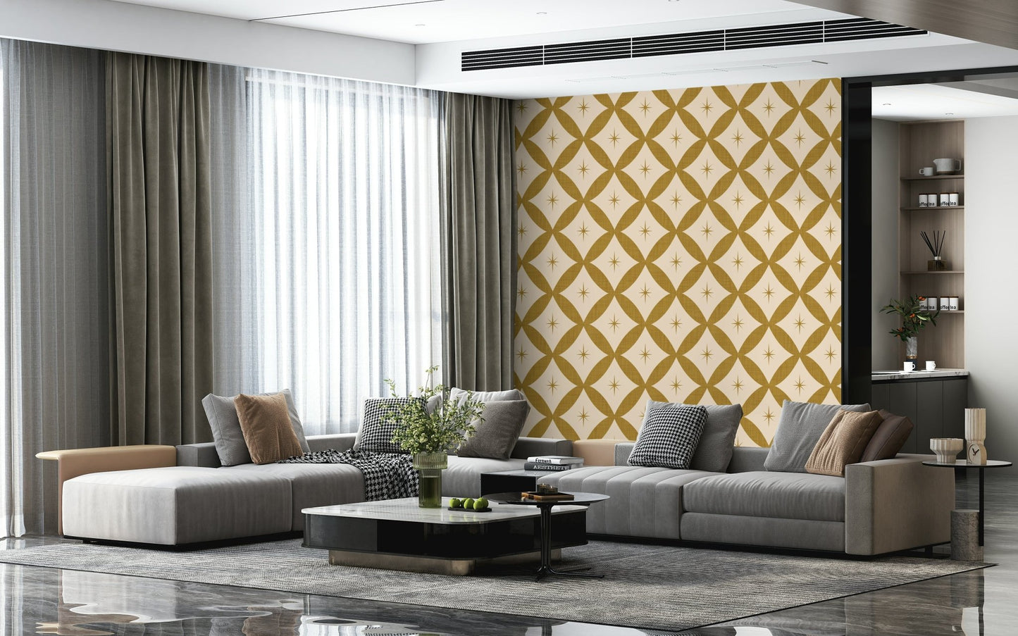 Quixotic, starbursts on Golden Star Lattice Wallpaper, a captivating wall mural.