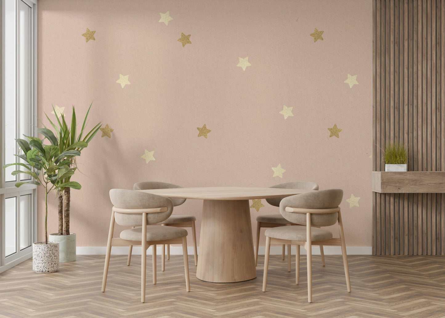 A wall mural of a peaceful stars pattern.

