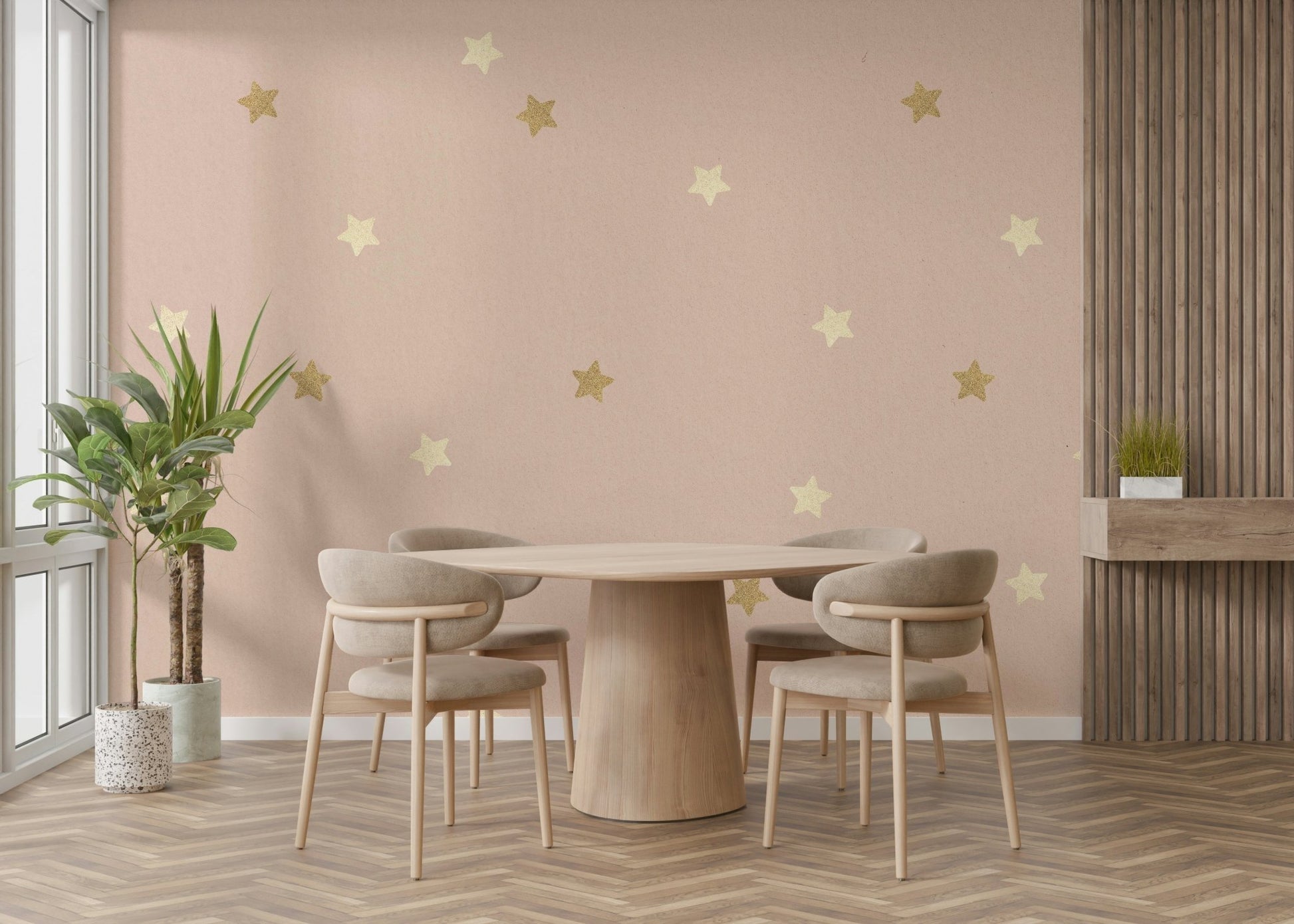 A wall mural of a peaceful stars pattern.

