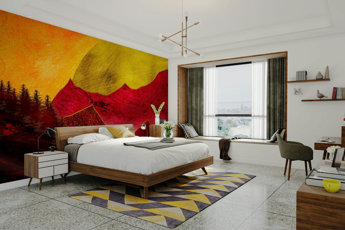 Deep red forest and sun mural

