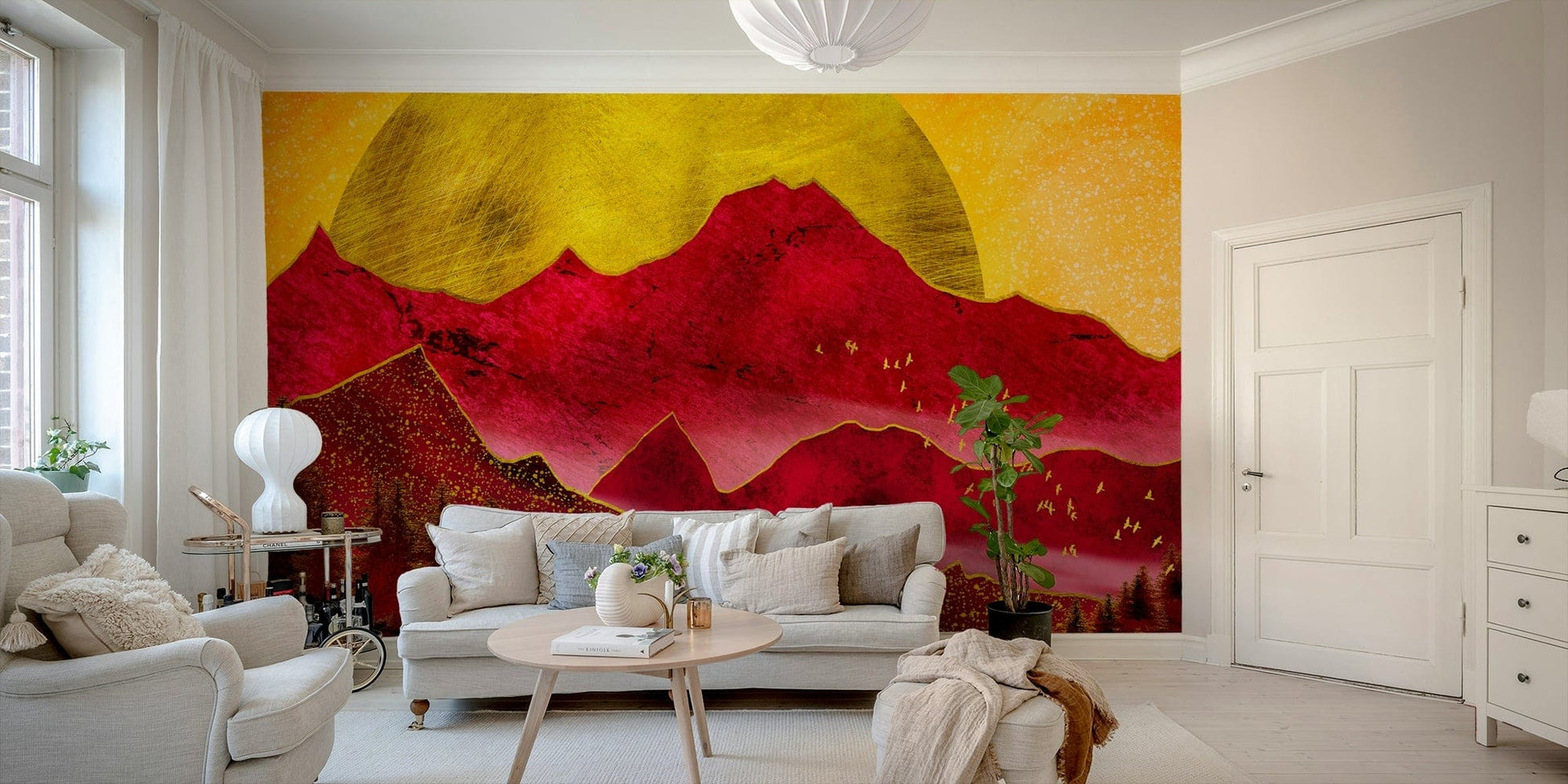 Golden sun and red peaks mural

