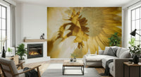 A graceful subtle bloom wall mural in bright, golden tones.

