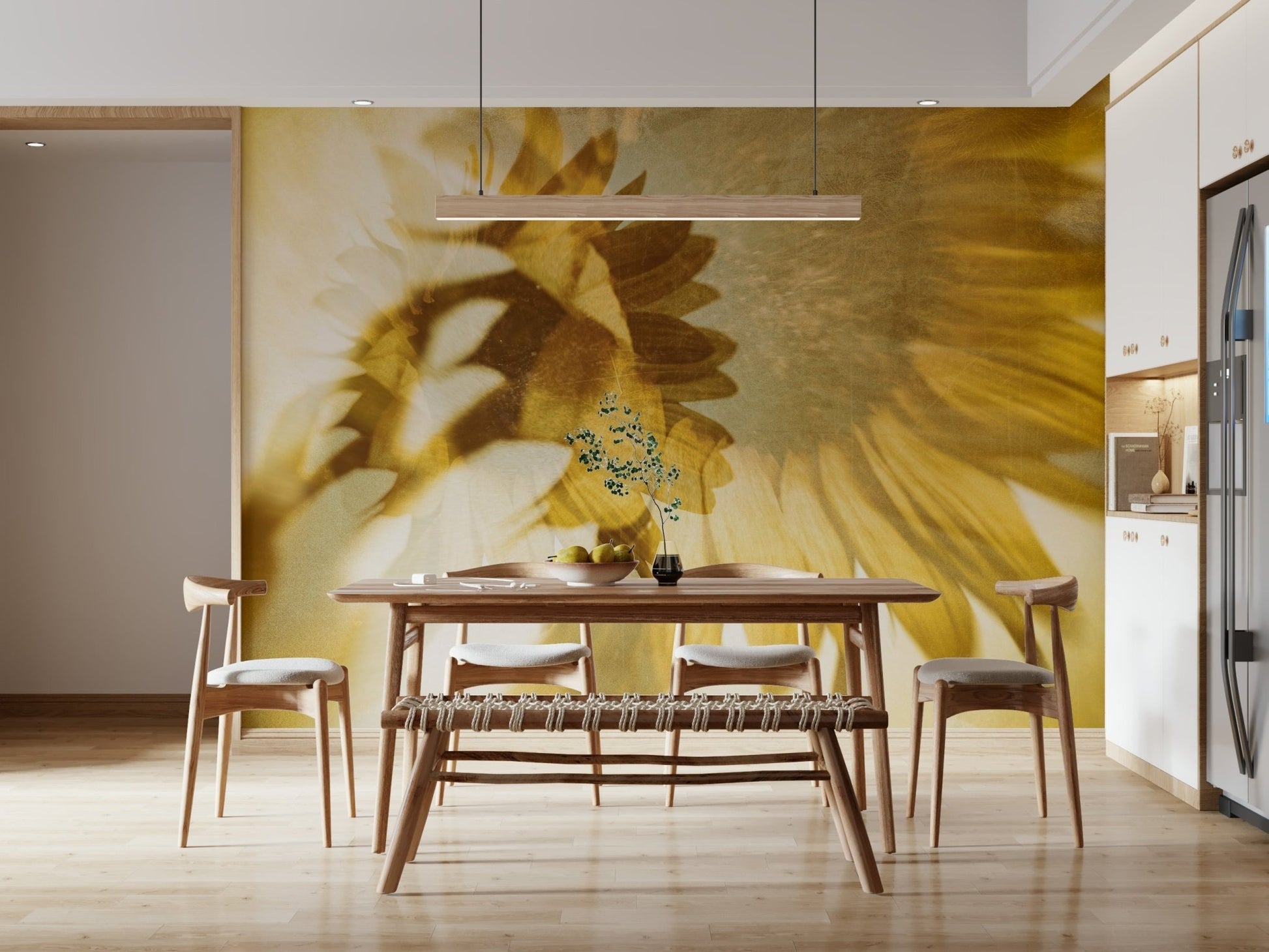 An artistic vibrant sunflower mural on minimalist wallpaper.

