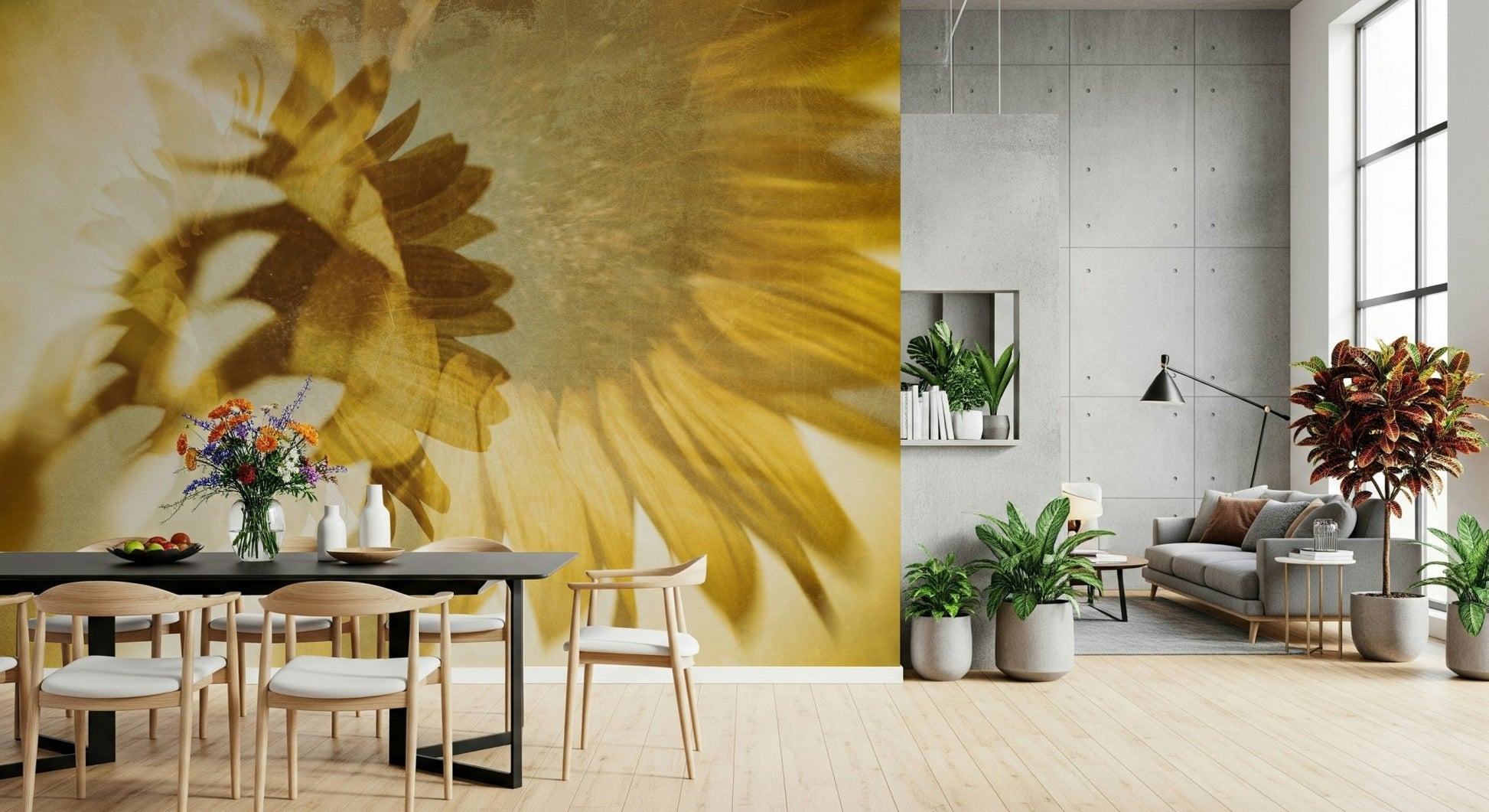 A peaceful flower design mural on decorative wallpaper.

