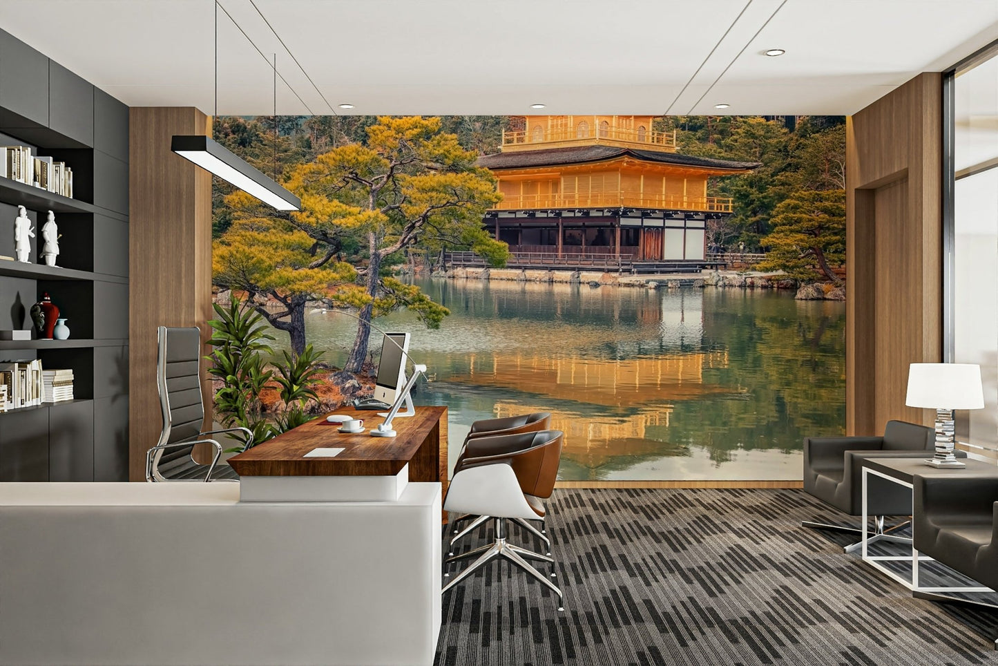 Golden Zen sanctuary pavilion mirrored on peaceful lake water GD5065