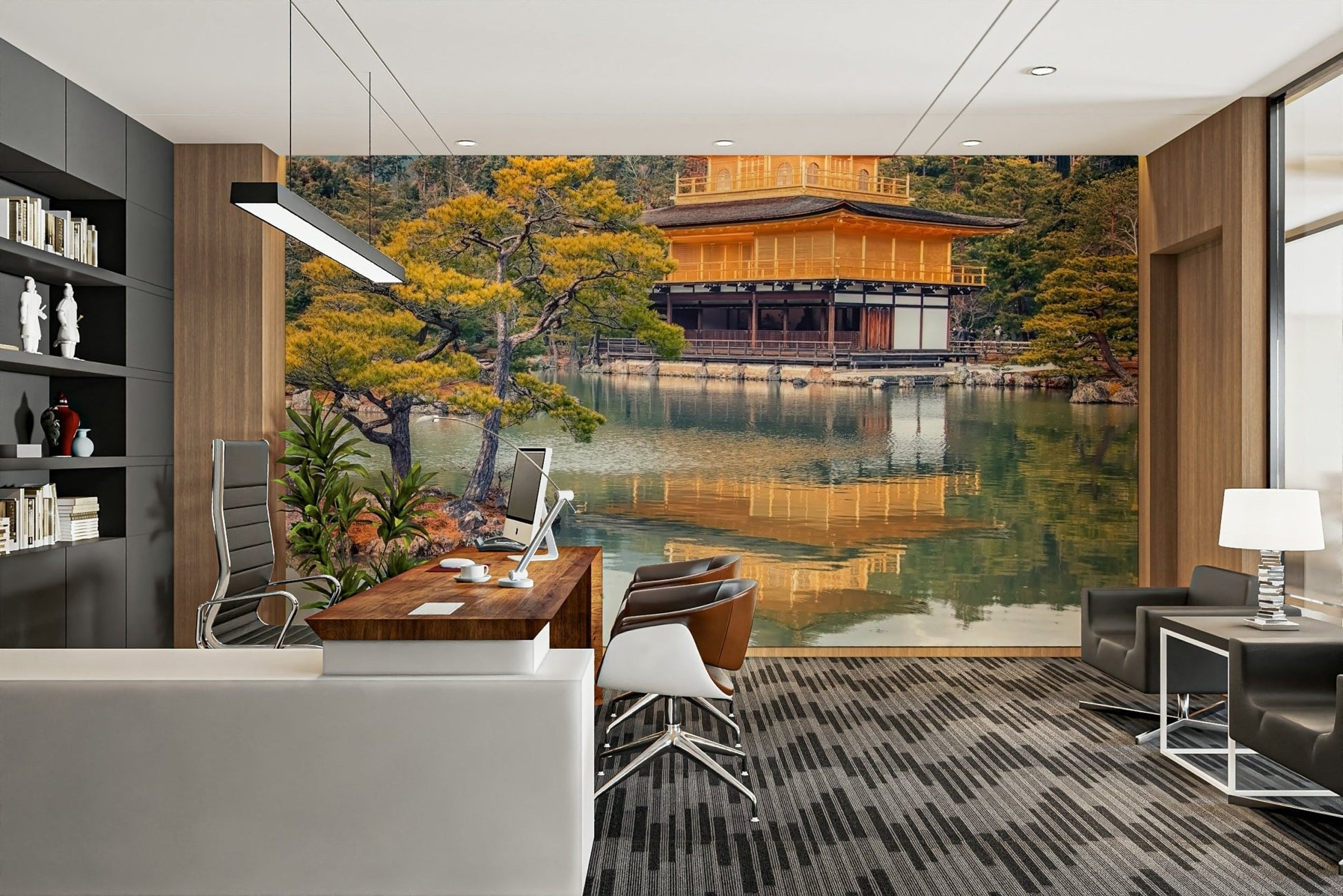 Golden Zen sanctuary pavilion mirrored on peaceful lake water GD5065
