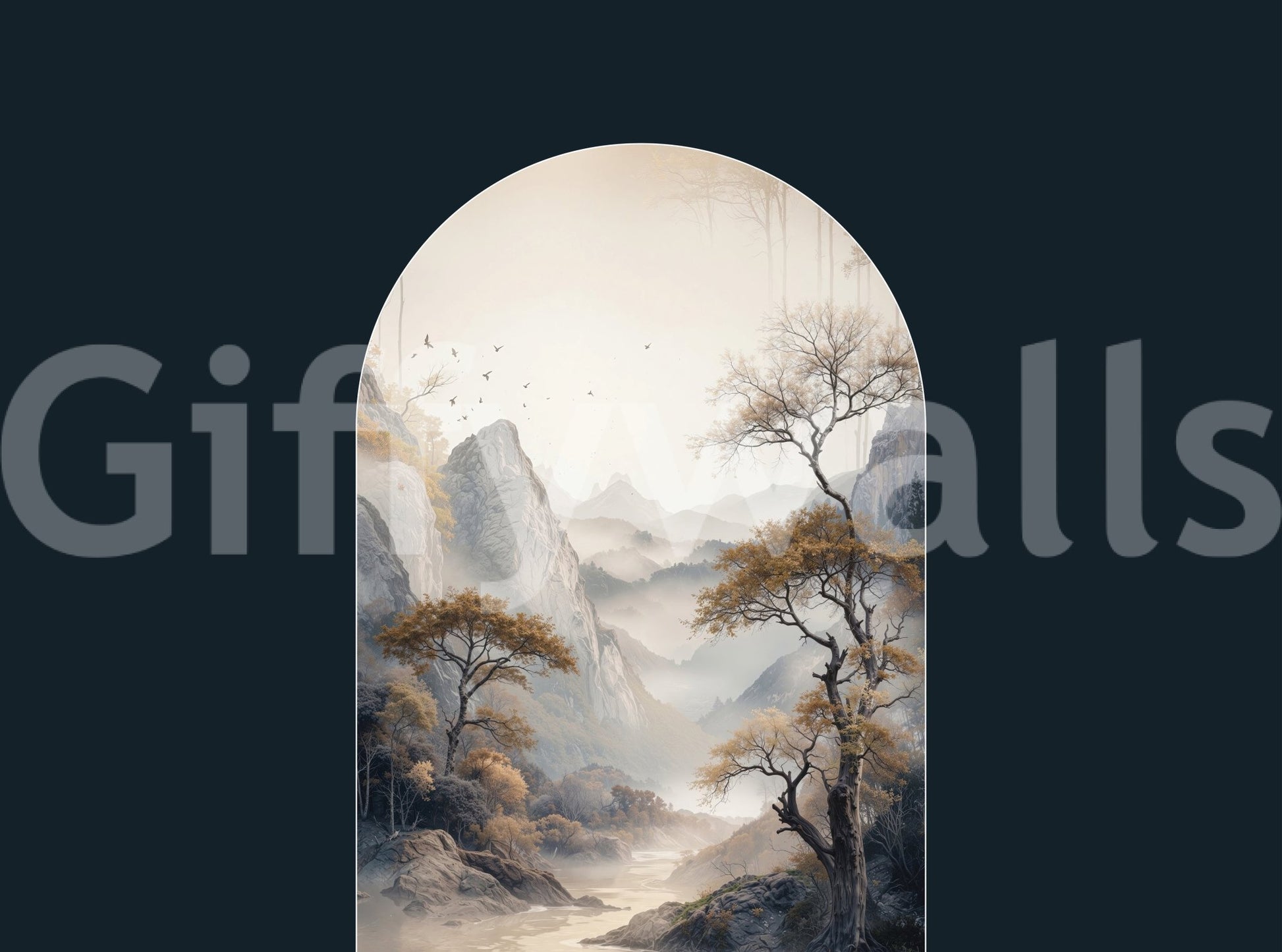 Subtle light and dark tones in the beautiful Golden Tree Archway Wall Mural design.