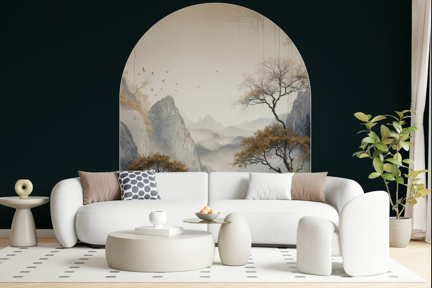 Elegant metallic tree pattern on the Golden Tree Archway Wall Mural mural.