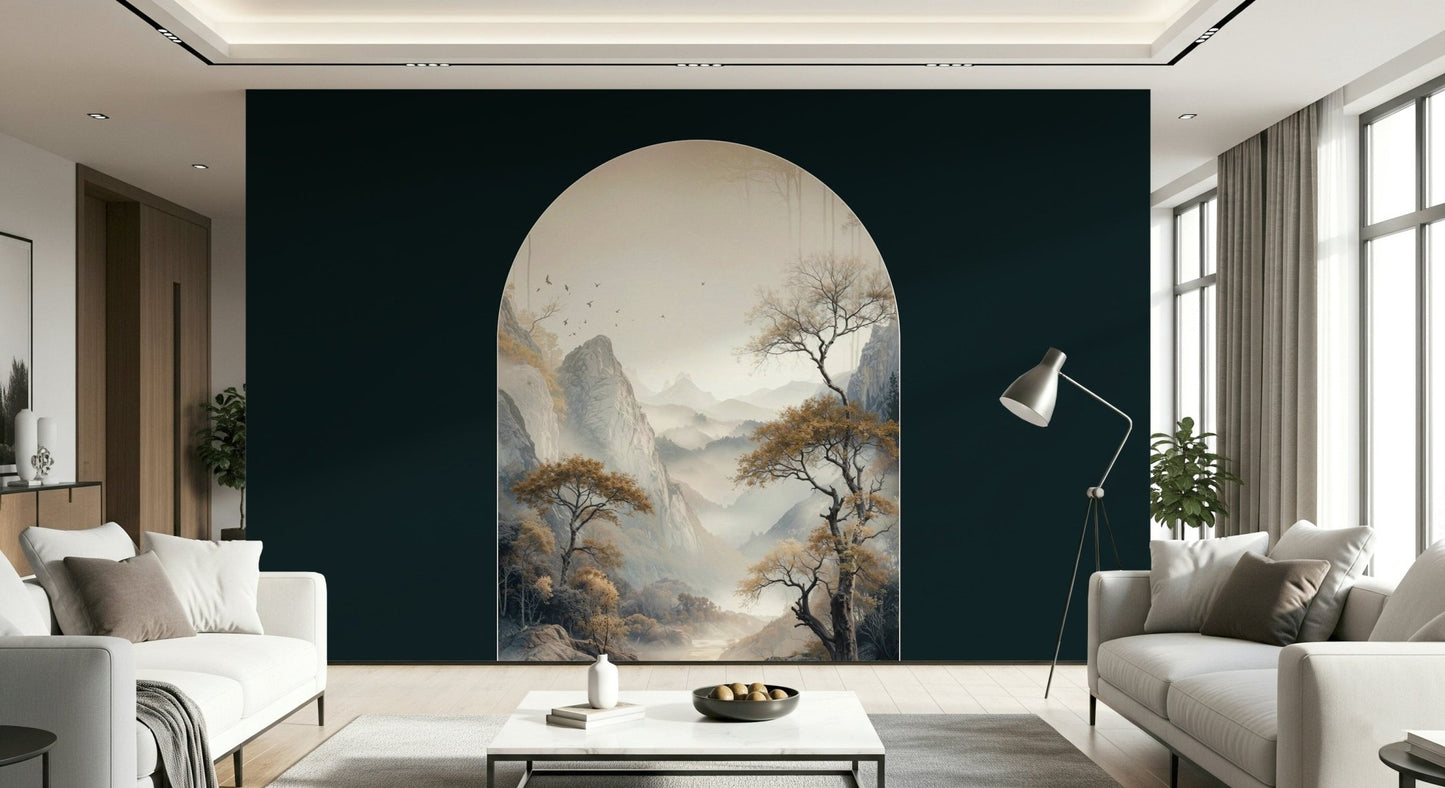 Golden Tree Archway Wall Mural adding height and grandeur to a hallway design.