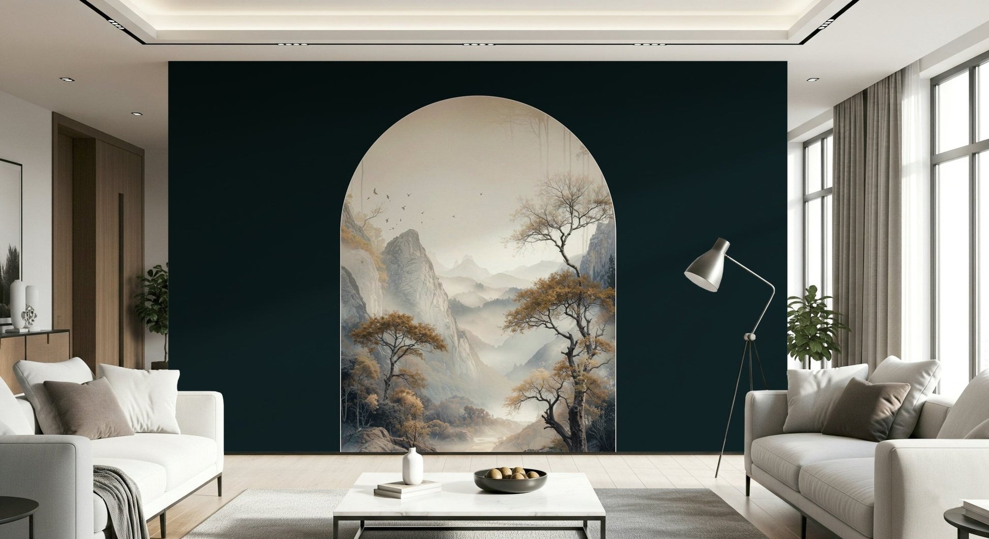 Golden Tree Archway Wall Mural adding height and grandeur to a hallway design.