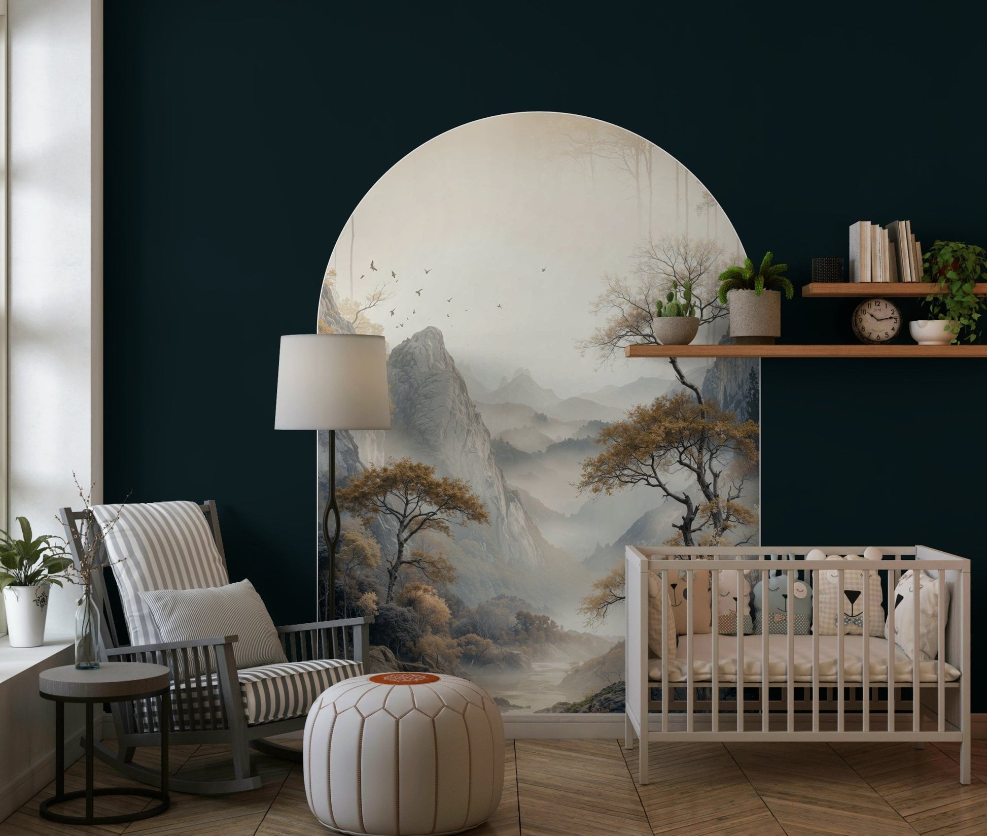 Golden Tree Archway Wall Mural creating a stunning backdrop in a lounge area.