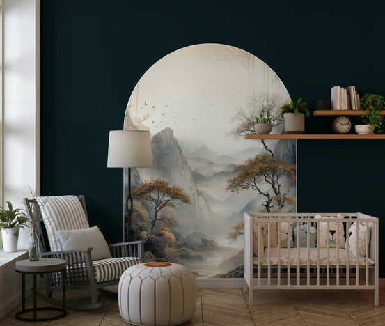 Golden Tree Archway Wall Mural creating a stunning backdrop in a lounge area., GD6327