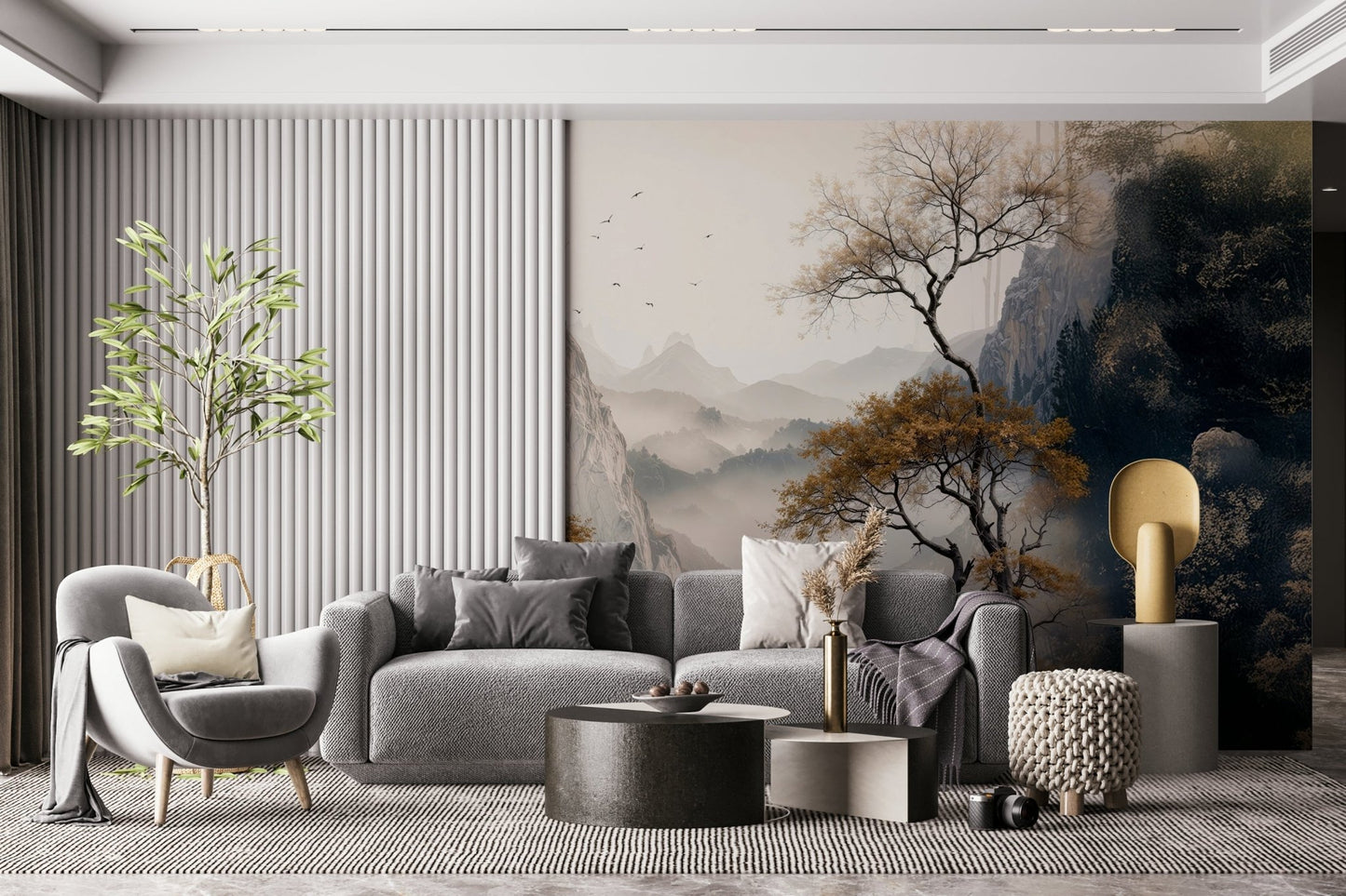 Gilded tree motif prominent in the stunning Golden Tree Serenity Wall Mural.