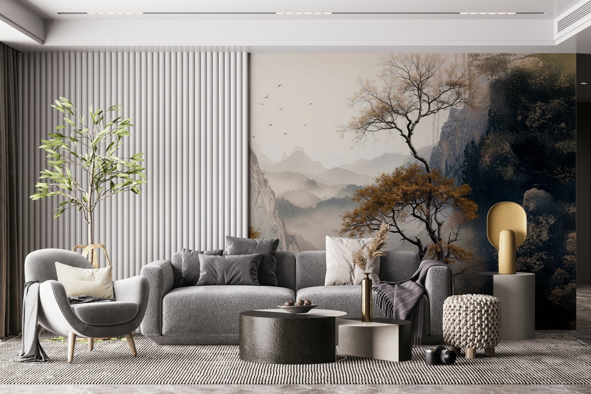 Gilded tree motif prominent in the stunning Golden Tree Serenity Wall Mural.