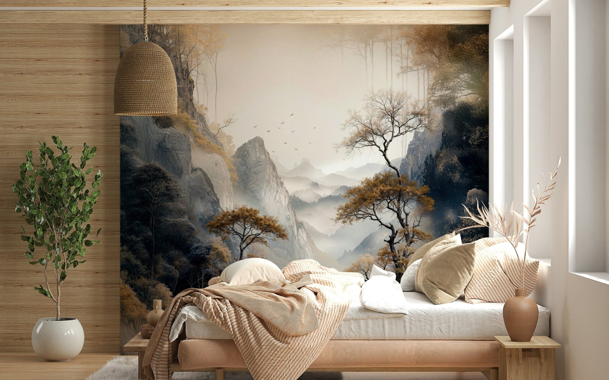 Artistic render of the Golden Tree Serenity Wall Mural in a designer dining room.