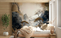 Artistic render of the Golden Tree Serenity Wall Mural in a designer dining room.
