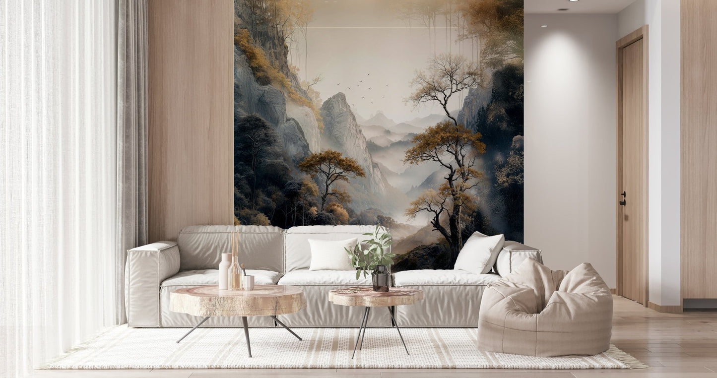 Bedroom headboard wall showcasing the elegant Golden Tree Serenity Wall Mural.