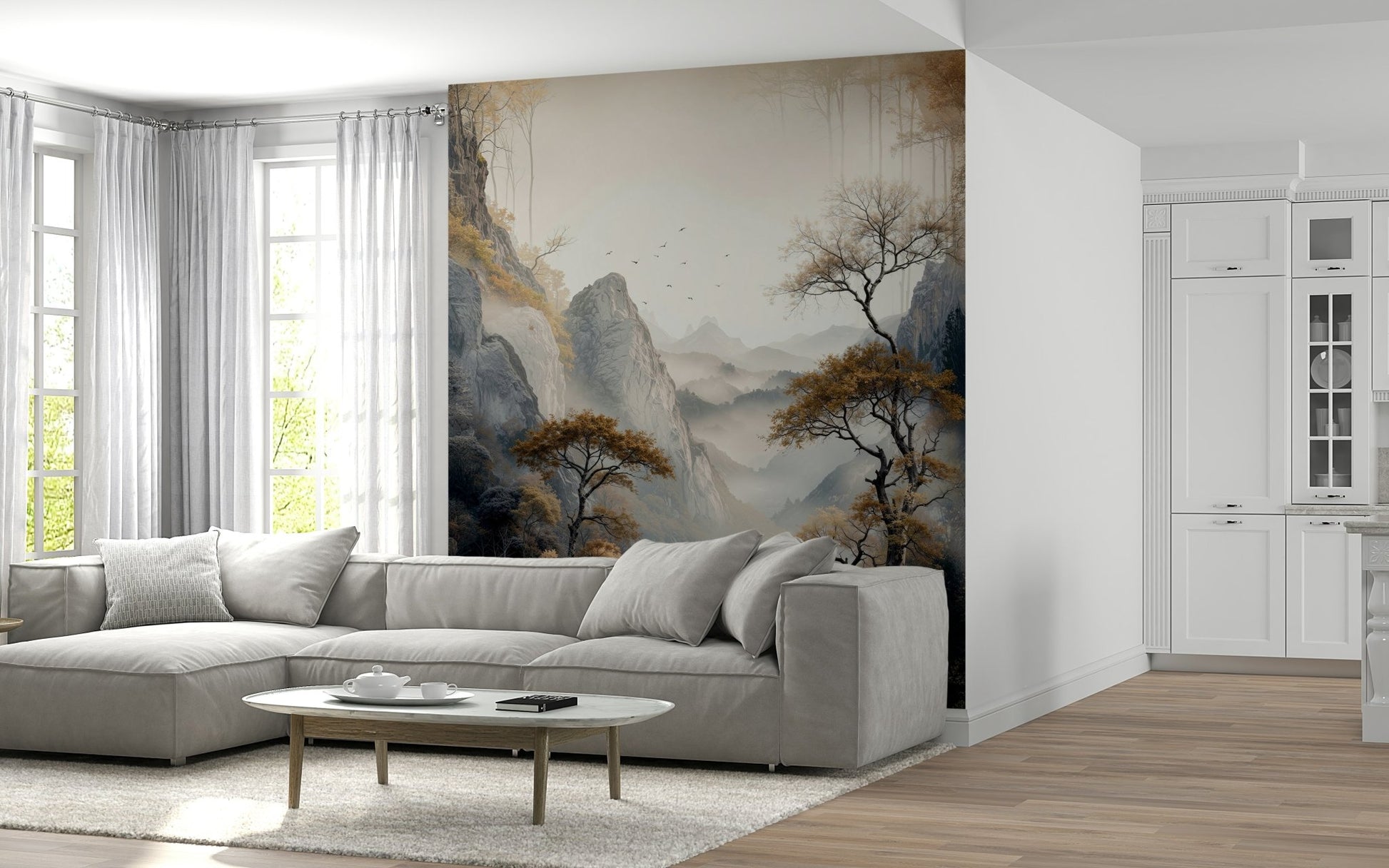 Luxurious living space featuring the beautiful Golden Tree Serenity Wall Mural.