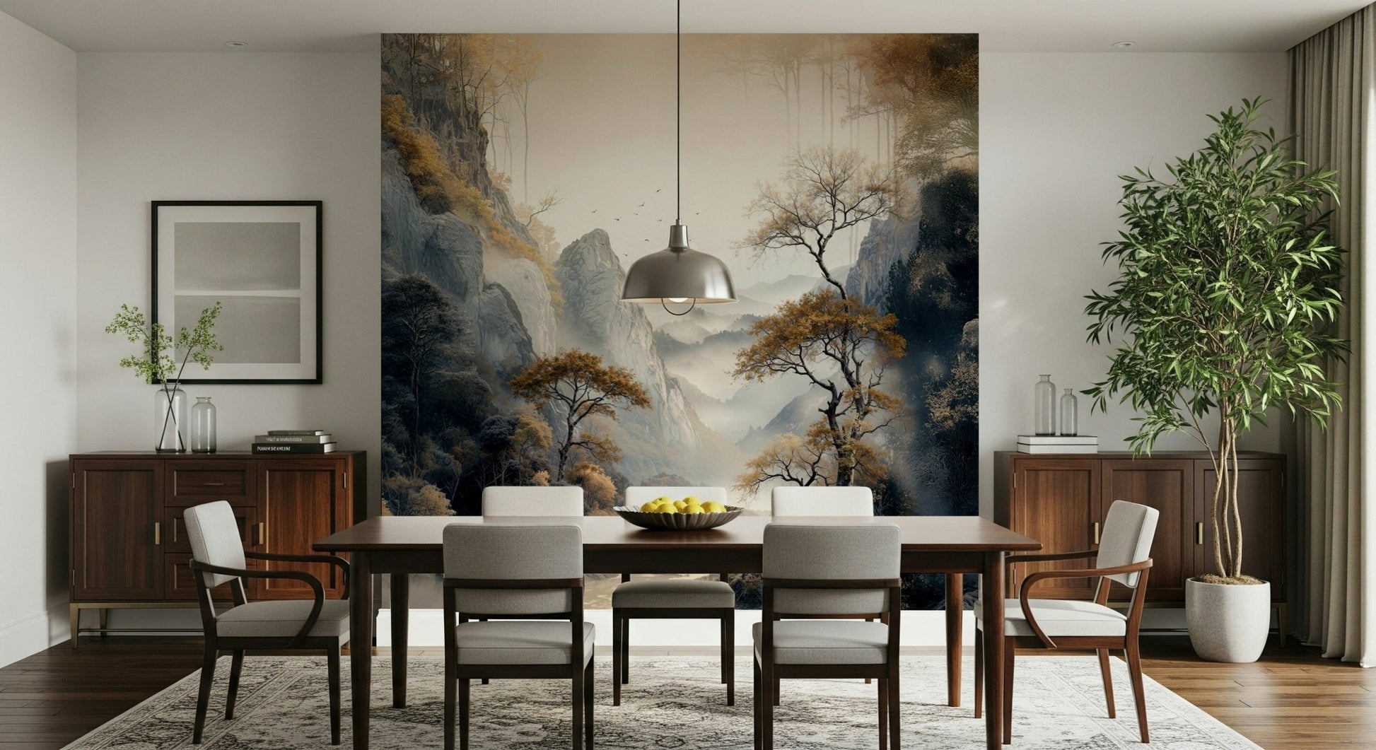 The sophisticated atmosphere created by the serene Golden Tree Serenity Wall Mural.
