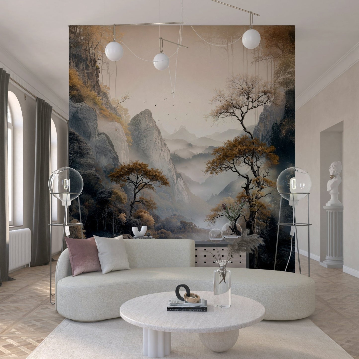 Designer entryway displaying the breathtaking Golden Tree Serenity Wall Mural.