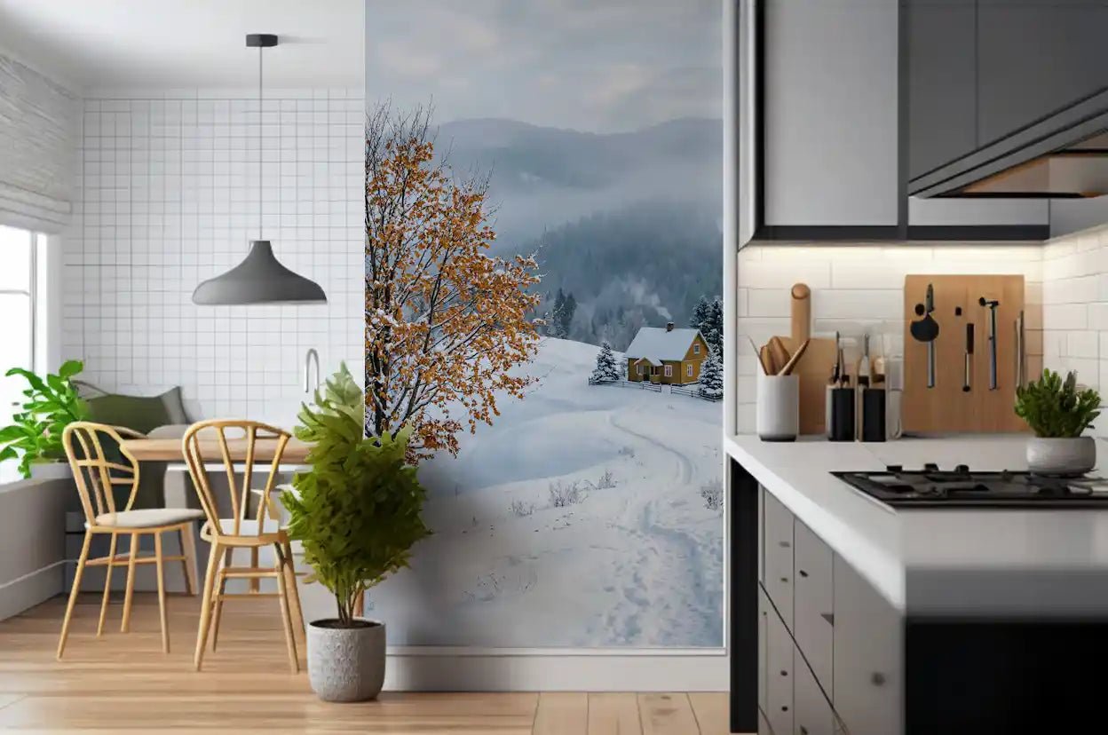 Small yellow house surrounded by pines in the wall muralGD9518