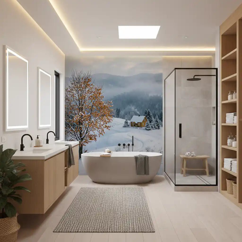 bathroom with a nature-inspired Snowy Haven wall muralGD9518