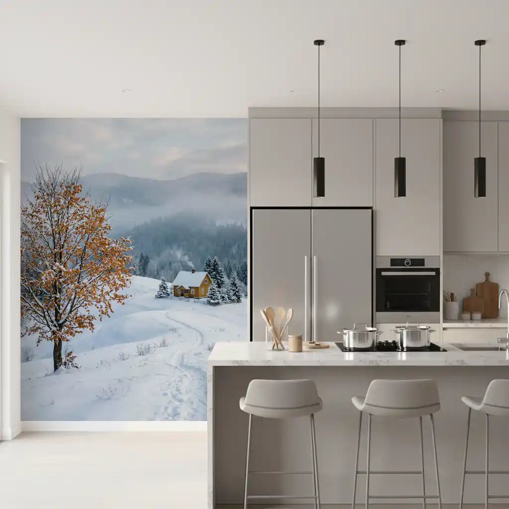 Kitchen decorated with the Golden Tree Snowy Haven muralGD9518