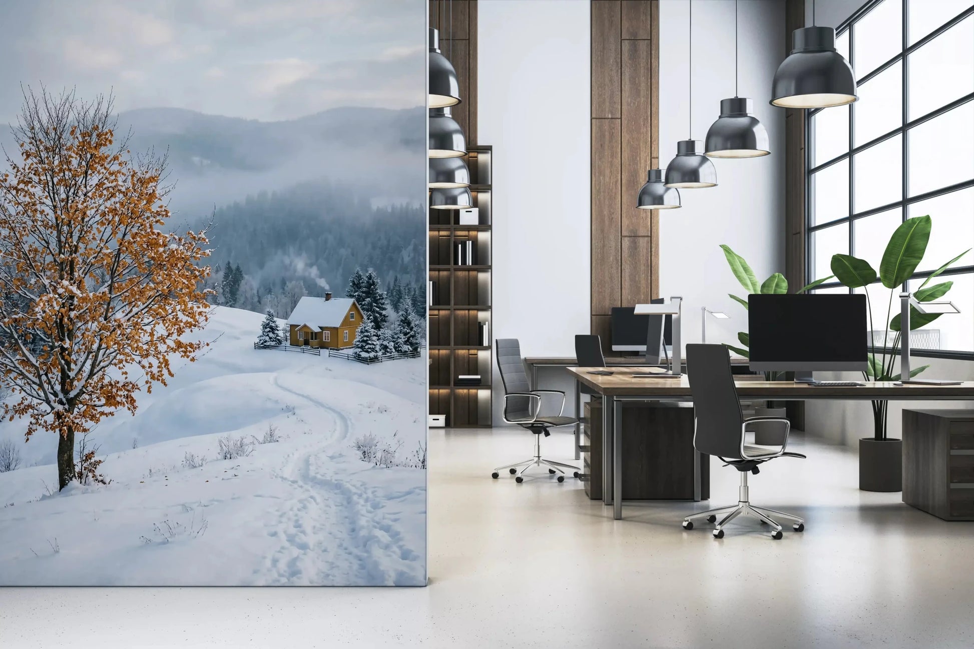 Office space accented by the Snowy Haven wall muralGD9518