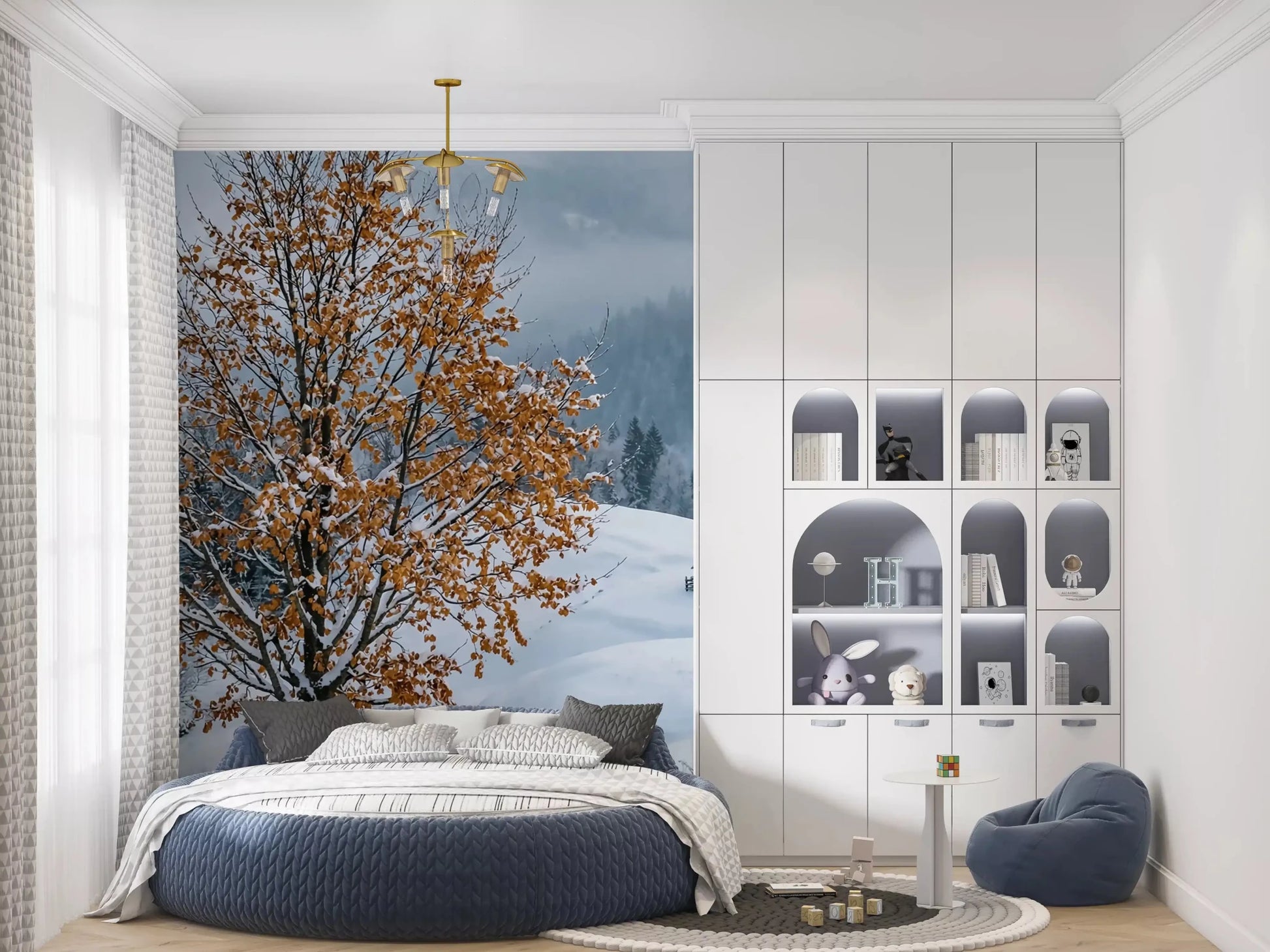 Bedroom setup with the Golden Tree Snowy Haven wall mural backdropGD9518