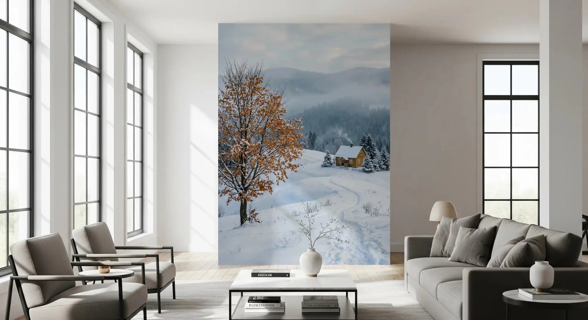 Golden leaves on a tree in the Snowy Haven wall muralGD9518