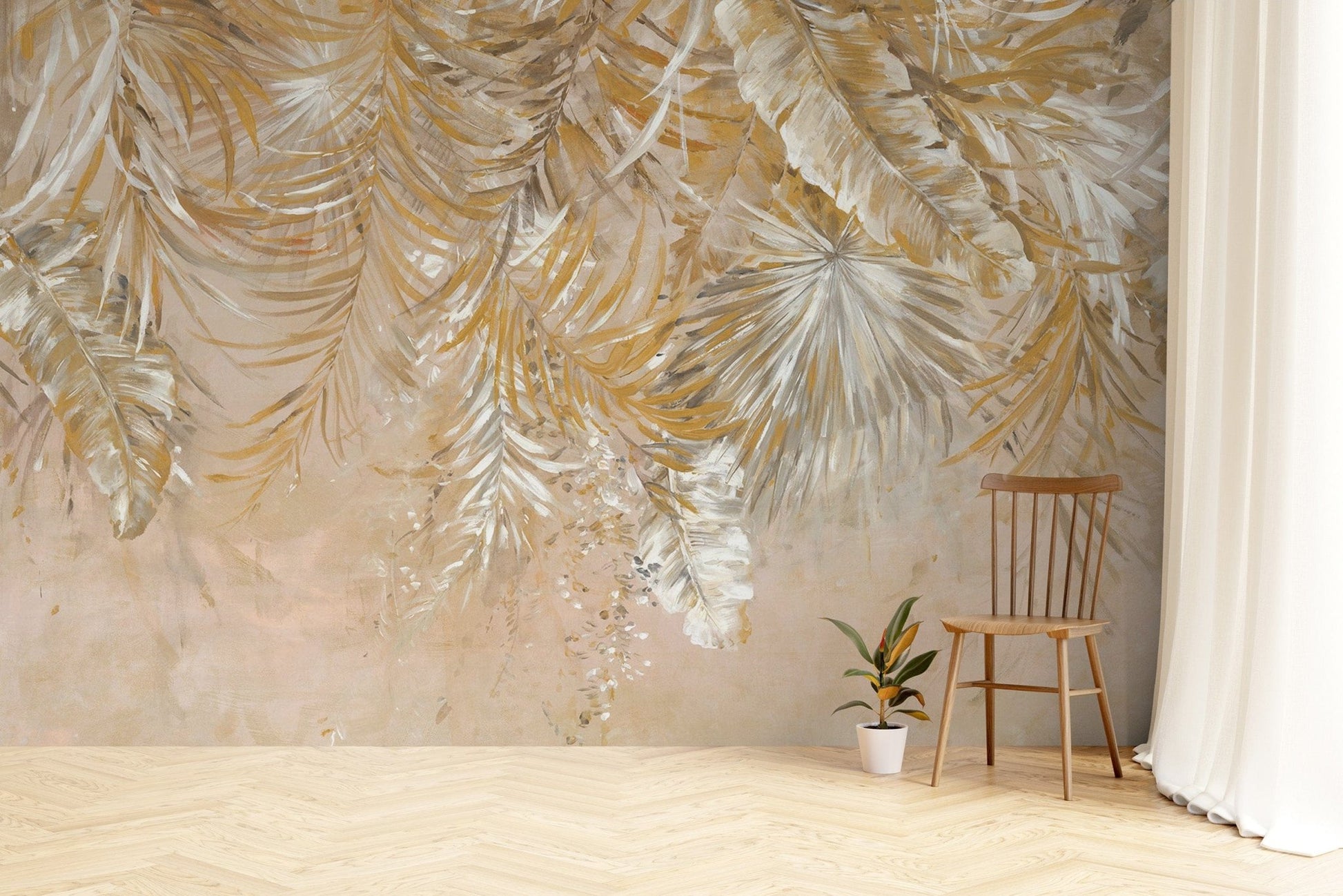 Golden foliage tropical wallpaper print D263
